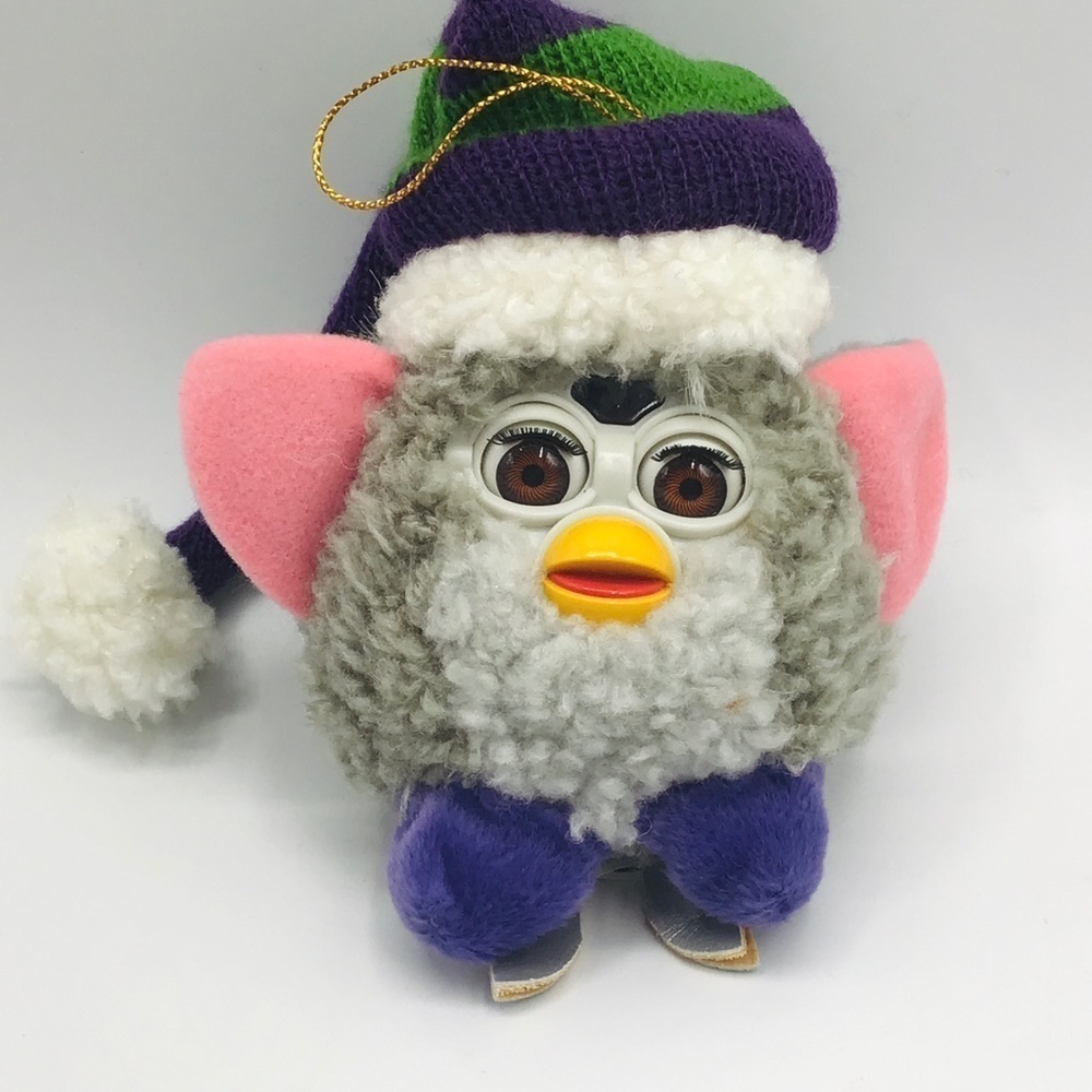 Vtg Furby Christmas Ornament Plush Stuffed Gray Santa Hat Xmas Ice Skates 4”
